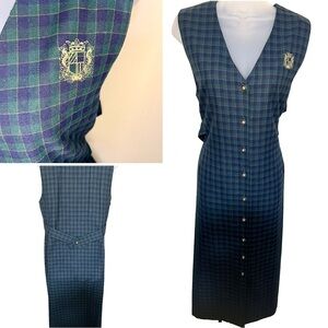 Vntg Susan Bristol 12 Maxi Dress Tartan Crest Enamel Button Green Gold Navy